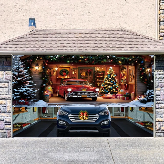 Alt view image 5 of 7 - Christmas Garage Door Cover Decorations 7x16ft Xmas Winter Holiday Backdrop Banner Mural Truck Snow Tree Photo Background Outdoor Decor