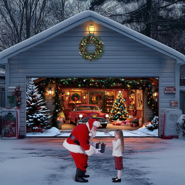 Alt view image 6 of 7 - Christmas Garage Door Cover Decorations 7x16ft Xmas Winter Holiday Backdrop Banner Mural Truck Snow Tree Photo Background Outdoor Decor