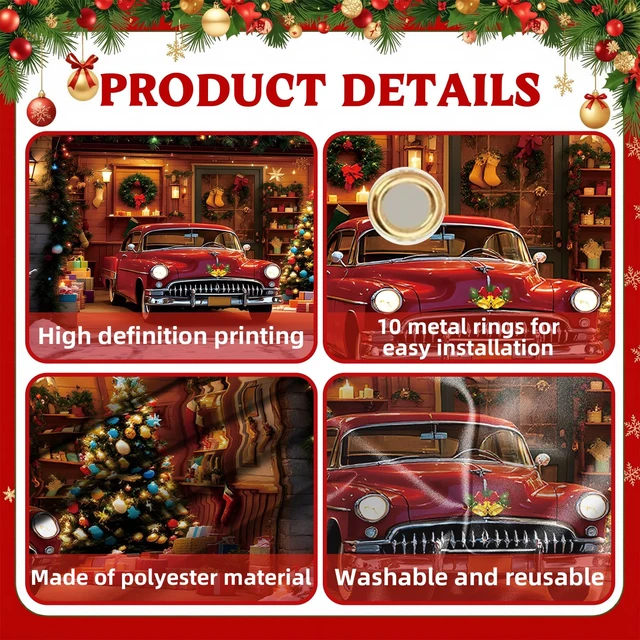 Alt view image 7 of 7 - Christmas Garage Door Cover Decorations 7x16ft Xmas Winter Holiday Backdrop Banner Mural Truck Snow Tree Photo Background Outdoor Decor