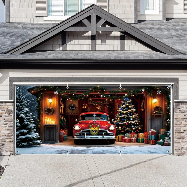 Alt view image 2 of 7 - Christmas Garage Door Cover Decorations 7x16ft Winter Merry Xmas Banner Backdrop Truck Snow Tree Background Large Outdoor Holiday Decor