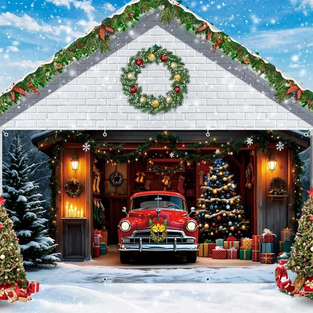 Alt view image 3 of 7 - Christmas Garage Door Cover Decorations 7x16ft Winter Merry Xmas Banner Backdrop Truck Snow Tree Background Large Outdoor Holiday Decor