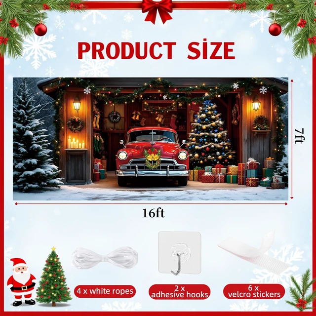 Alt view image 4 of 7 - Christmas Garage Door Cover Decorations 7x16ft Winter Merry Xmas Banner Backdrop Truck Snow Tree Background Large Outdoor Holiday Decor