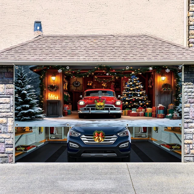 Alt view image 5 of 7 - Christmas Garage Door Cover Decorations 7x16ft Winter Merry Xmas Banner Backdrop Truck Snow Tree Background Large Outdoor Holiday Decor