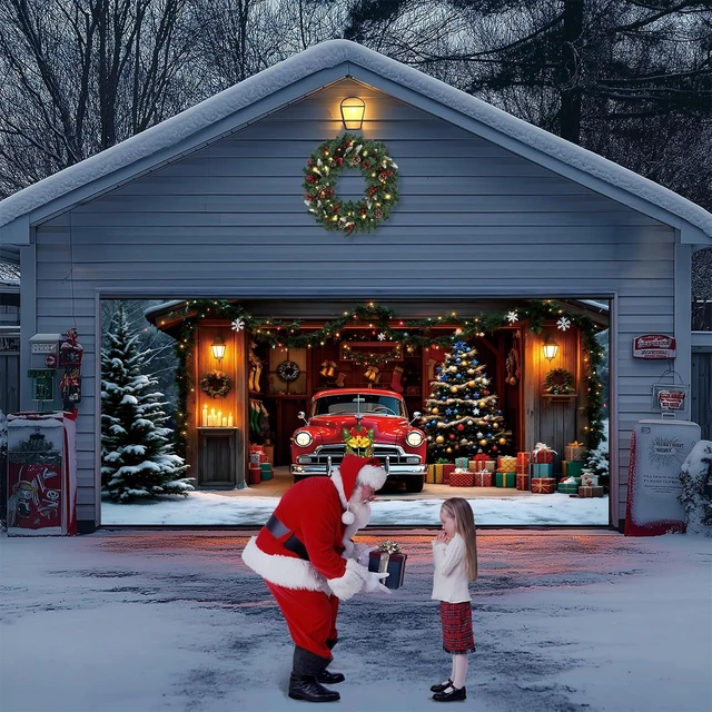Alt view image 6 of 7 - Christmas Garage Door Cover Decorations 7x16ft Winter Merry Xmas Banner Backdrop Truck Snow Tree Background Large Outdoor Holiday Decor