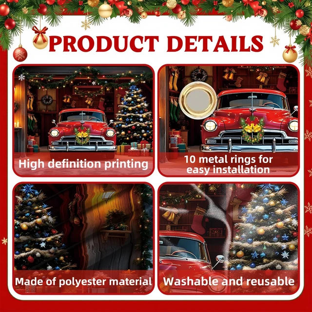 Alt view image 7 of 7 - Christmas Garage Door Cover Decorations 7x16ft Winter Merry Xmas Banner Backdrop Truck Snow Tree Background Large Outdoor Holiday Decor