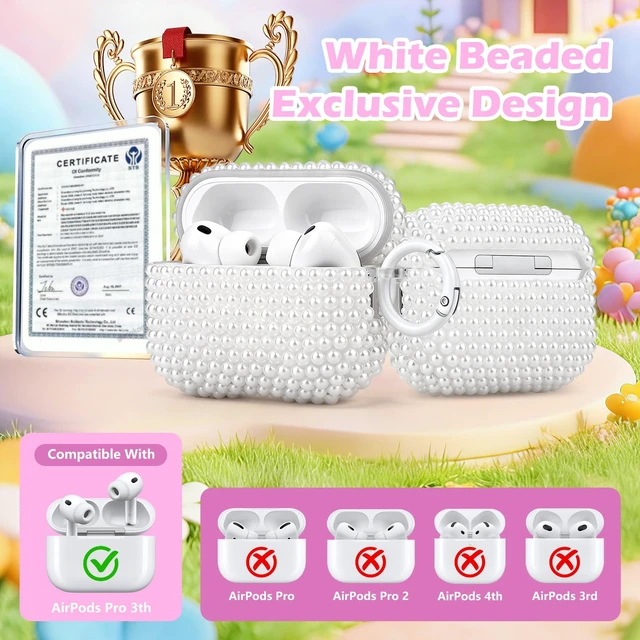 Alt view image 2 of 7 - for AirPods Pro 3 Case Beaded Pearl Earbud Case with Hook, Bag Decoration Beaded Case Compatible with Apple AirPods Pro 3rd Generation 2025 with Hook, Drop Protection, No Effect on Wireless Charging