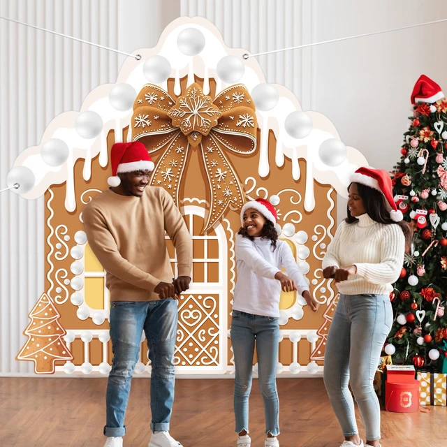 Alt view image 4 of 6 - Extra Large Christmas Banner Decorations 6.8x6.5 ft Polyester Lovely Gingerbread Style, Festive Christmas Holiday Photo Booth Backdrop, Candy Cane Gingerbread Print, Xmas Yard Wall Decor