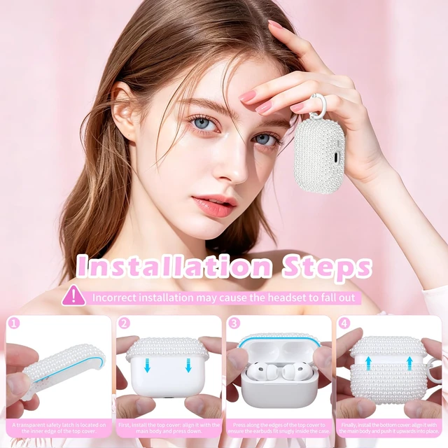 Alt view image 5 of 7 - for AirPods Pro 3 Case Beaded Pearl Earbud Case with Hook, Bag Decoration Beaded Case Compatible with Apple AirPods Pro 3rd Generation 2025 with Hook, Drop Protection, No Effect on Wireless Charging