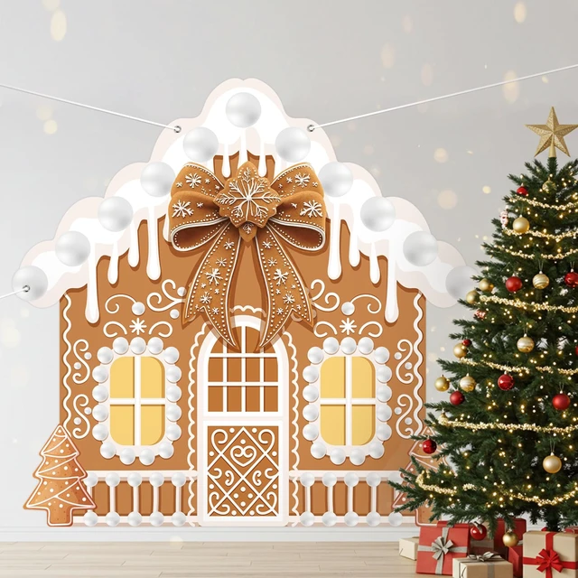 Alt view image 6 of 6 - Extra Large Christmas Banner Decorations 6.8x6.5 ft Polyester Lovely Gingerbread Style, Festive Christmas Holiday Photo Booth Backdrop, Candy Cane Gingerbread Print, Xmas Yard Wall Decor