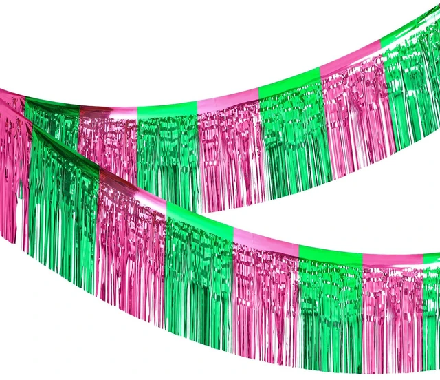 Main image of 3 Pcs Halloween Foil Fringe Garland Pink Green Banner 1.25 x 20 Ft Wall Hanging Tinsel Streamers for Witch Princess Halloween Bachelorette Party Decorations Parade Float Supplies