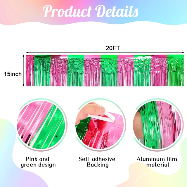 Alt view image 2 of 7 - 3 Pcs Halloween Foil Fringe Garland Pink Green Banner 1.25 x 20 Ft Wall Hanging Tinsel Streamers for Witch Princess Halloween Bachelorette Party Decorations Parade Float Supplies