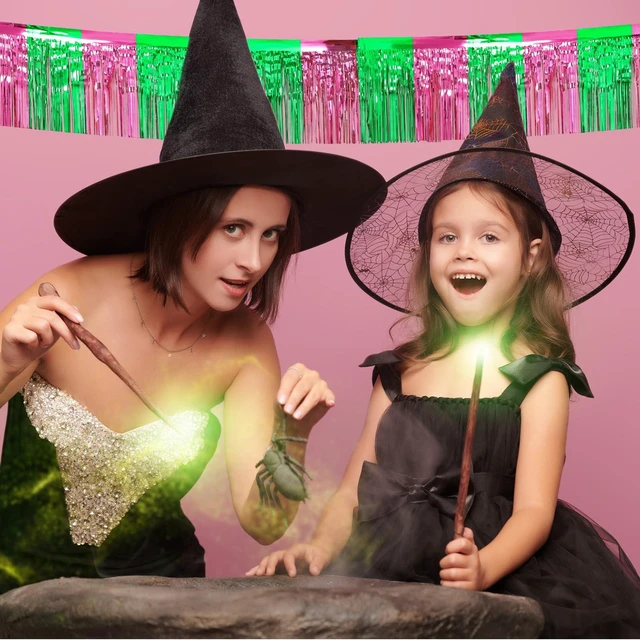 Alt view image 6 of 7 - 3 Pcs Halloween Foil Fringe Garland Pink Green Banner 1.25 x 20 Ft Wall Hanging Tinsel Streamers for Witch Princess Halloween Bachelorette Party Decorations Parade Float Supplies