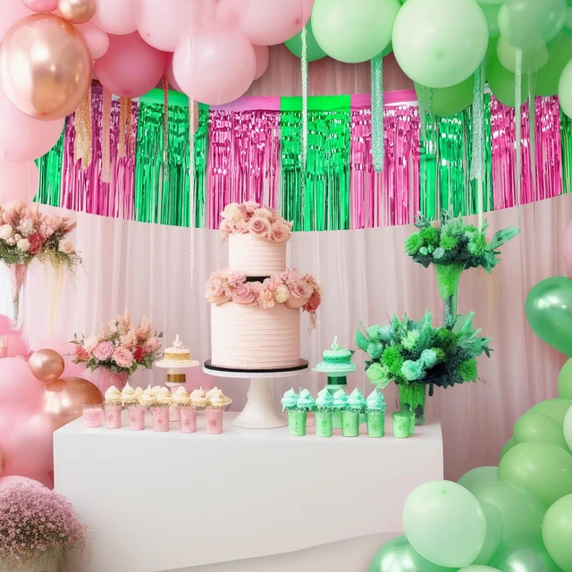 Alt view image 7 of 7 - 3 Pcs Halloween Foil Fringe Garland Pink Green Banner 1.25 x 20 Ft Wall Hanging Tinsel Streamers for Witch Princess Halloween Bachelorette Party Decorations Parade Float Supplies