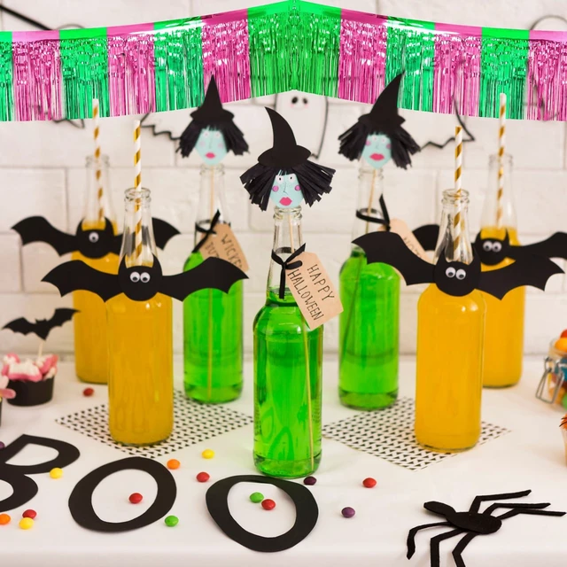 Alt view image 5 of 7 - 3 Pcs Halloween Foil Fringe Garland Pink Green Banner 1.25 x 20 Ft Wall Hanging Tinsel Streamers for Witch Princess Halloween Bachelorette Party Decorations Parade Float Supplies