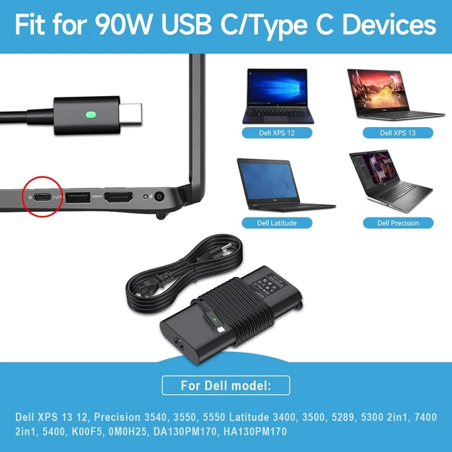 Alt view image 5 of 7 - 90W USB C Laptop Charger Compatible with Dell XPS 13 9365 9360 9370 Latitude 3000 5000 7000 9000 Series 7420 7320 7390 3400 3500 5289 5300 2 in 1 Type C AC Adapter Power Supply Cord
