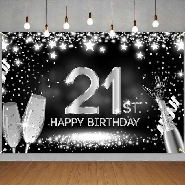 Main image of Happy 21st Birthday Banner Backdrop Silver and Black Champagne 21 Years Old Background Bday Decorations for Girls Boys Women Men Photography Party Supplies Glitter