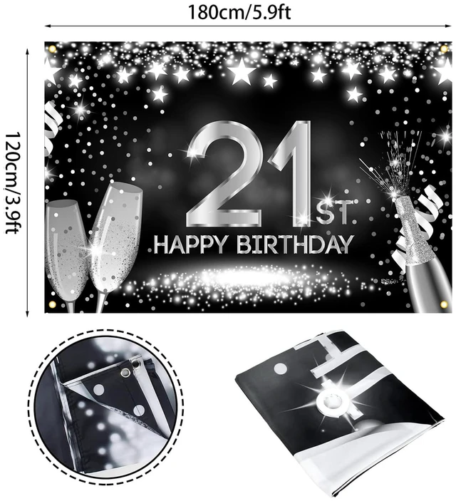 Alt view image 2 of 7 - Happy 21st Birthday Banner Backdrop Silver and Black Champagne 21 Years Old Background Bday Decorations for Girls Boys Women Men Photography Party Supplies Glitter