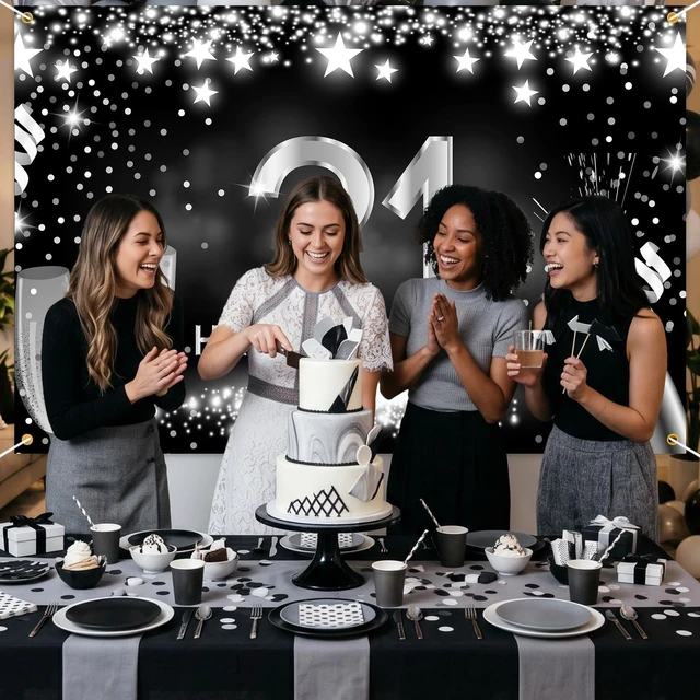 Alt view image 7 of 7 - Happy 21st Birthday Banner Backdrop Silver and Black Champagne 21 Years Old Background Bday Decorations for Girls Boys Women Men Photography Party Supplies Glitter
