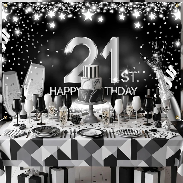 Alt view image 5 of 7 - Happy 21st Birthday Banner Backdrop Silver and Black Champagne 21 Years Old Background Bday Decorations for Girls Boys Women Men Photography Party Supplies Glitter