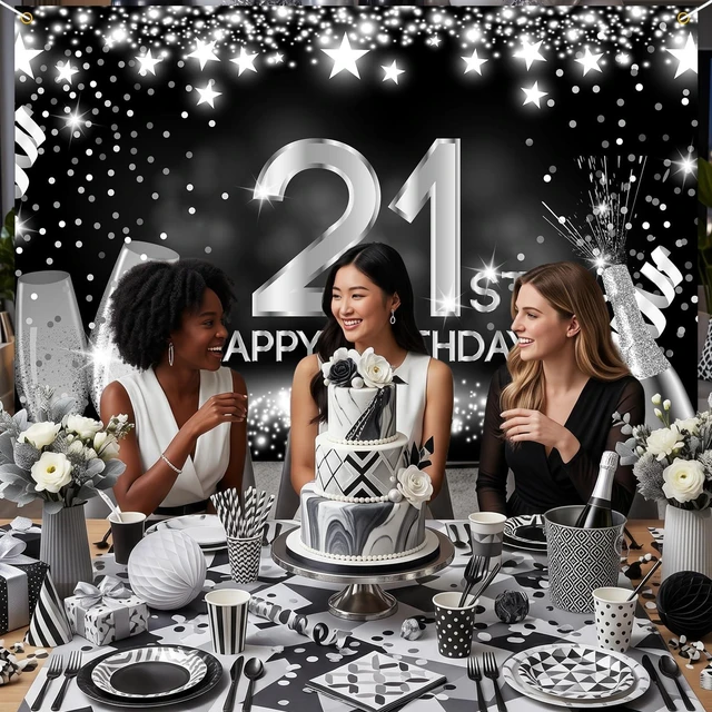 Alt view image 6 of 7 - Happy 21st Birthday Banner Backdrop Silver and Black Champagne 21 Years Old Background Bday Decorations for Girls Boys Women Men Photography Party Supplies Glitter