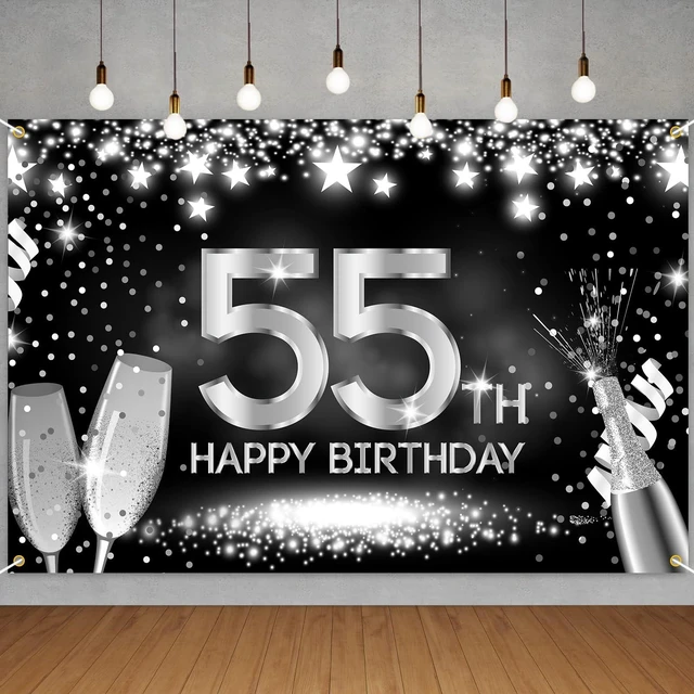 Main image of Happy 55th Birthday Banner Backdrop Silver and Black Champagne 55 Years Old Background Bday Decorations for Women Men Her Him Photography Party Supplies Glitter