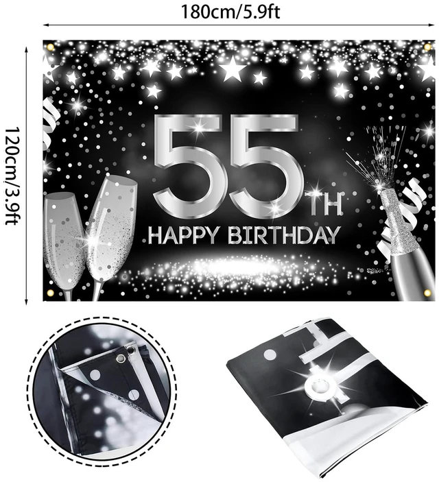 Alt view image 2 of 7 - Happy 55th Birthday Banner Backdrop Silver and Black Champagne 55 Years Old Background Bday Decorations for Women Men Her Him Photography Party Supplies Glitter