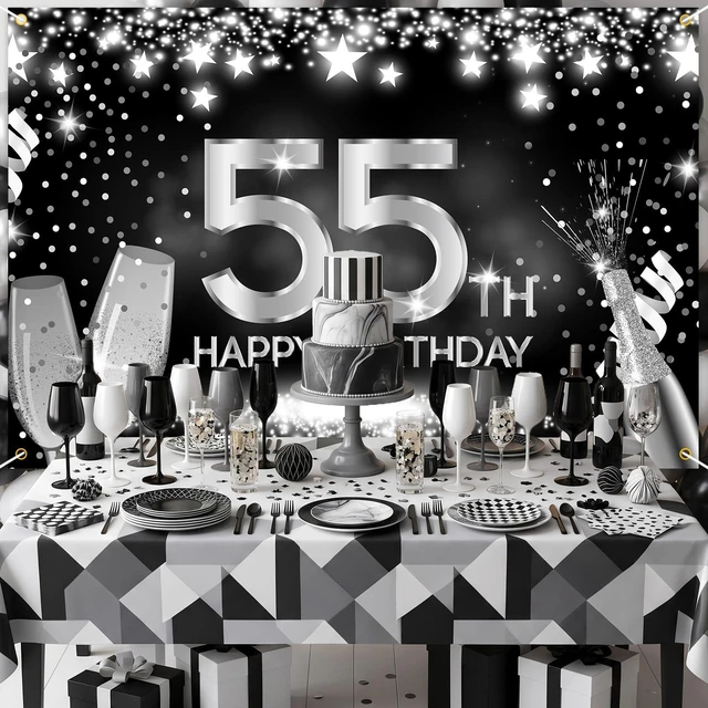 Alt view image 5 of 7 - Happy 55th Birthday Banner Backdrop Silver and Black Champagne 55 Years Old Background Bday Decorations for Women Men Her Him Photography Party Supplies Glitter