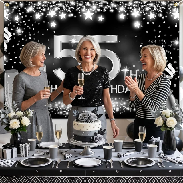 Alt view image 7 of 7 - Happy 55th Birthday Banner Backdrop Silver and Black Champagne 55 Years Old Background Bday Decorations for Women Men Her Him Photography Party Supplies Glitter