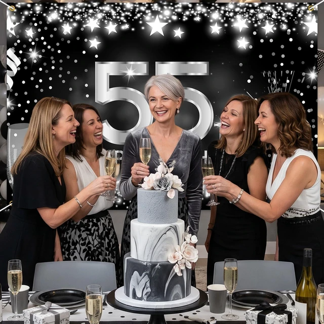 Alt view image 6 of 7 - Happy 55th Birthday Banner Backdrop Silver and Black Champagne 55 Years Old Background Bday Decorations for Women Men Her Him Photography Party Supplies Glitter
