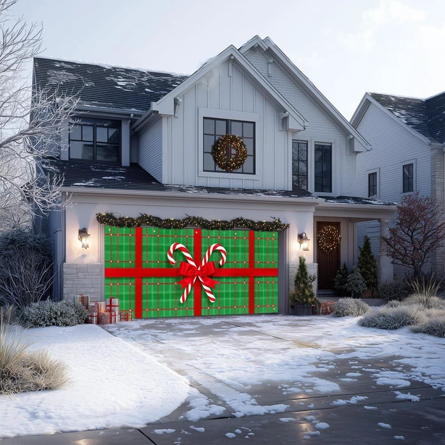 Alt view image 2 of 7 - Christmas Garage Door Banner 6x13 ft Green Plaid Gift Wrap with Red Bow and Candy Canes Backdrop Decorative Holiday Christmas Garage Door Cover Mural Winter Scene Photo Backdrop