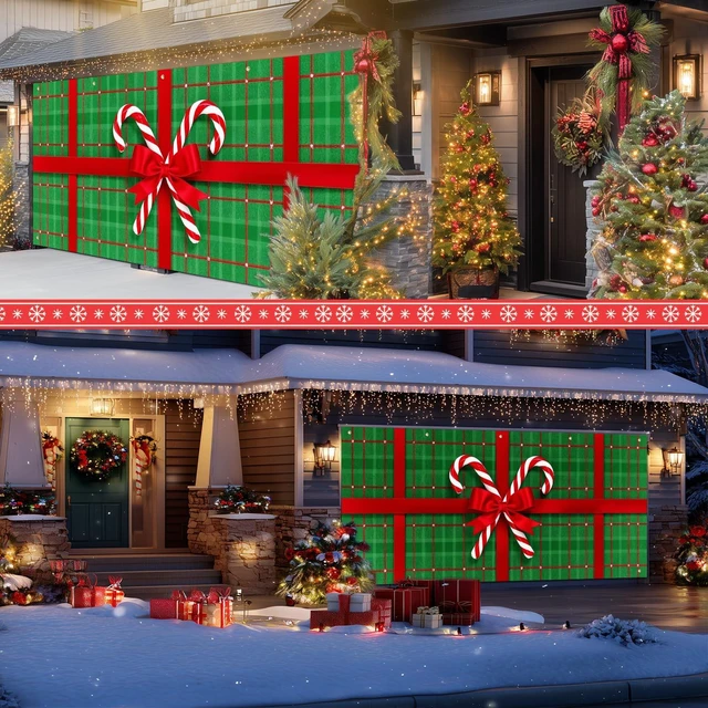 Alt view image 4 of 7 - Christmas Garage Door Banner 6x13 ft Green Plaid Gift Wrap with Red Bow and Candy Canes Backdrop Decorative Holiday Christmas Garage Door Cover Mural Winter Scene Photo Backdrop