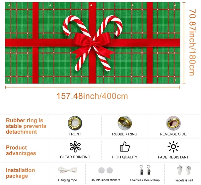 Alt view image 3 of 7 - Christmas Garage Door Banner 6x13 ft Green Plaid Gift Wrap with Red Bow and Candy Canes Backdrop Decorative Holiday Christmas Garage Door Cover Mural Winter Scene Photo Backdrop