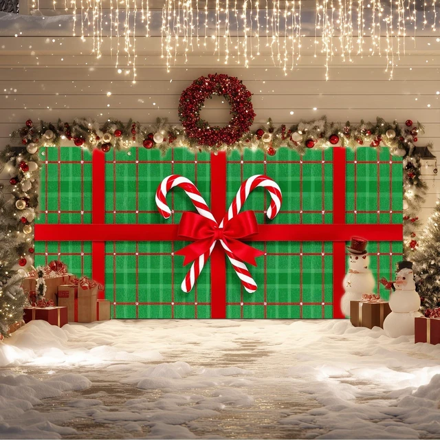 Alt view image 7 of 7 - Christmas Garage Door Banner 6x13 ft Green Plaid Gift Wrap with Red Bow and Candy Canes Backdrop Decorative Holiday Christmas Garage Door Cover Mural Winter Scene Photo Backdrop