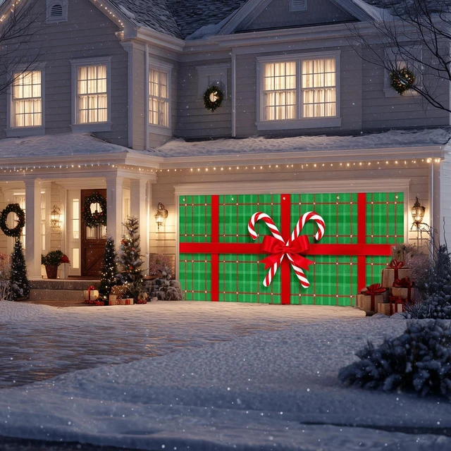 Alt view image 6 of 7 - Christmas Garage Door Banner 6x13 ft Green Plaid Gift Wrap with Red Bow and Candy Canes Backdrop Decorative Holiday Christmas Garage Door Cover Mural Winter Scene Photo Backdrop
