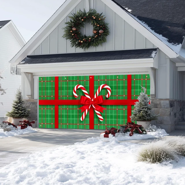Alt view image 5 of 7 - Christmas Garage Door Banner 6x13 ft Green Plaid Gift Wrap with Red Bow and Candy Canes Backdrop Decorative Holiday Christmas Garage Door Cover Mural Winter Scene Photo Backdrop