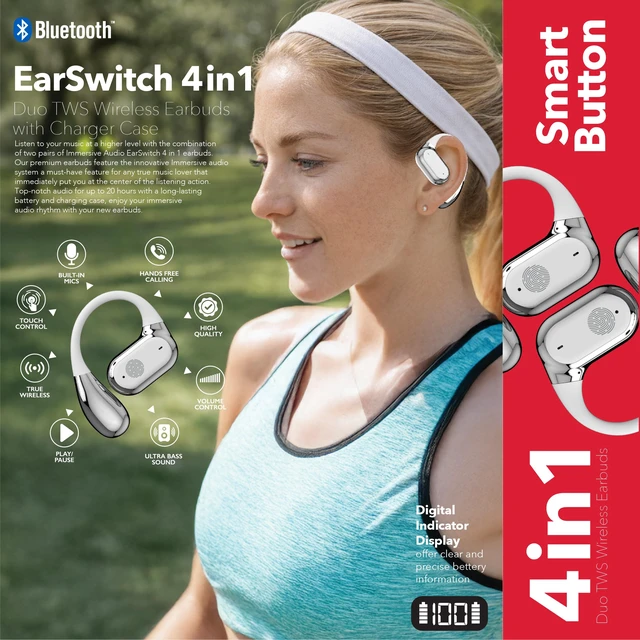 Alt view image 6 of 7 - EarSwitch 4in1 Duo TWS Wireless Earbuds, Bluetooth 5.4 Open-Ear & in-Ear Headphones, Dual Earbud Sets in One Case, 20H Playtime, LED Display, Ultra Bass, Touch Control, Sport & Gym (White)