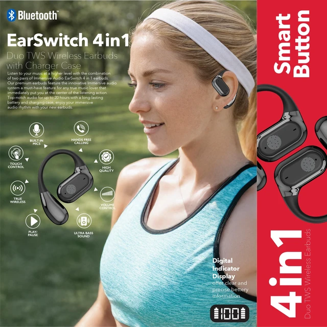 Alt view image 6 of 6 - EarSwitch 4in1 Duo TWS Wireless Earbuds, Bluetooth 5.4 Open-Ear & in-Ear Headphones, Dual Earbud Sets in One Case, 20H Playtime, LED Display, Ultra Bass, Touch Control, Sport & Gym (Black)