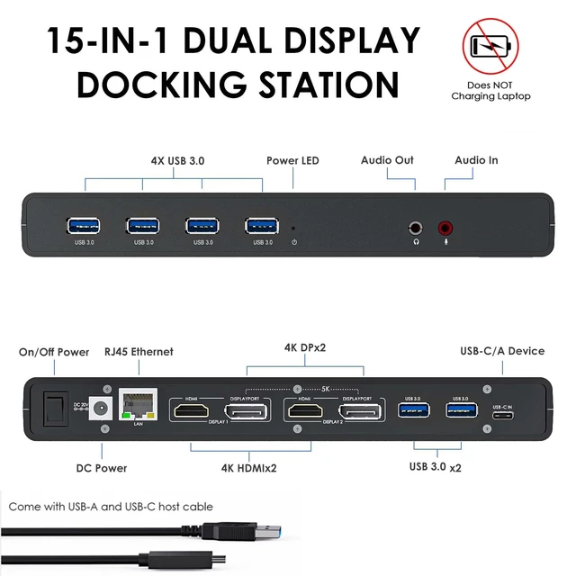 Alt view image 2 of 7 - Pro Dual 4K@60Hz Universal Docking Station USB 3.0/Type-C Laptop Dock for Windows 2 HDMI/DP Monitors, Gigabit Ethernet, 6 USB 3.0 Home Office & Multi-Screen Productivity