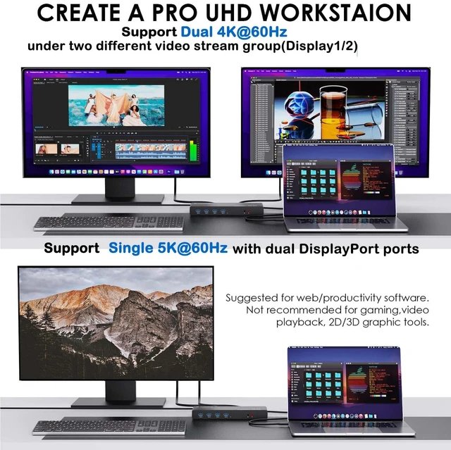 Alt view image 3 of 7 - Pro Dual 4K@60Hz Universal Docking Station USB 3.0/Type-C Laptop Dock for Windows 2 HDMI/DP Monitors, Gigabit Ethernet, 6 USB 3.0 Home Office & Multi-Screen Productivity