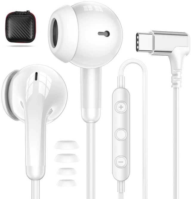 Main image of USB C Headphones 90° Right Angle Wired Earbuds for iPhone 18 Pro 17 16 15 Type C Earphones with Mic Volume Control Noise Isolation HiFi Stereo Ear Buds for iPad Pro Galaxy S26 S25 S24 Pixel 11 10 9