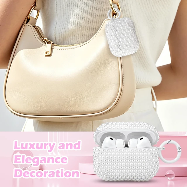 Alt view image 7 of 7 - for AirPods Pro 3 Case Beaded Pearl Earbud Case with Hook, Bag Decoration Beaded Case Compatible with Apple AirPods Pro 3rd Generation 2025 with Hook, Drop Protection, No Effect on Wireless Charging