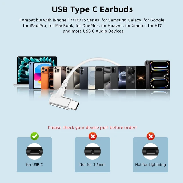Alt view image 7 of 7 - USB C Headphones 90° Right Angle Wired Earbuds for iPhone 18 Pro 17 16 15 Type C Earphones with Mic Volume Control Noise Isolation HiFi Stereo Ear Buds for iPad Pro Galaxy S26 S25 S24 Pixel 11 10 9