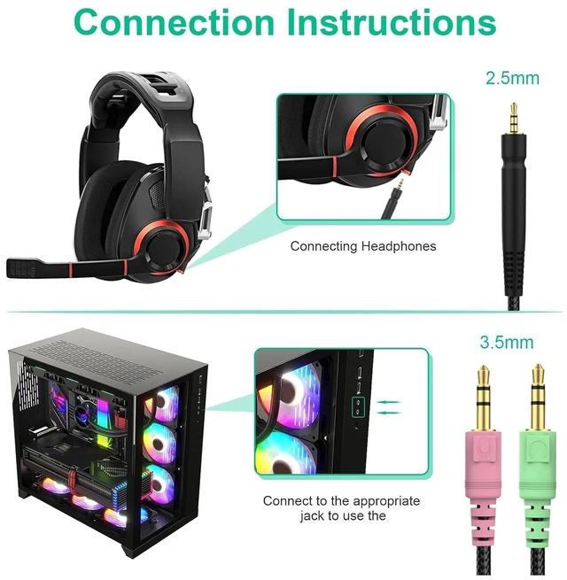 Alt view image 5 of 7 - GSP 600 Cable Replacement Audio Cable for Sennheiser GSP 670, GSP 600, GSP 500, GSP 350, PC 373D, Game One, Game Zero, G4ME ONE Headphone, 2.5 to 3.5 mm Aux Cord 6.5 FT