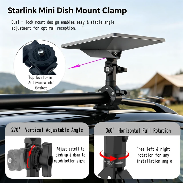 Alt view image 2 of 7 - Universal Starlink Mini Mount 2024-2026 Heavy-Duty Mounting Kit with Universal Pole Clamp & Pipe Adapter Bracket for Truck, Car, RV, Marine, Camper and Van
