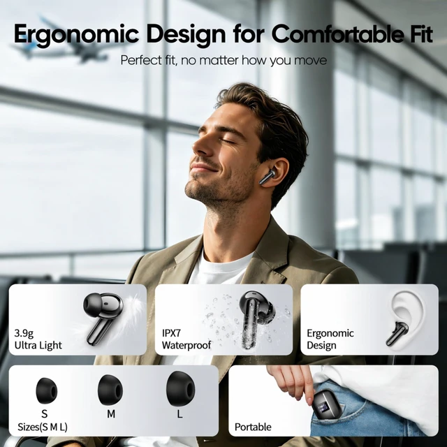 Alt view image 7 of 7 - 2026 New Wireless Earbuds, Bluetooth 5.4 Headphones with Noise Cancelling Mic, 46H Headphones with 3D Bass Stereo Sound, Ultralight, USB-C LED, Waterproof IPX7 Earphones for Android iOS. Black