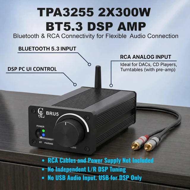 Alt view image 2 of 6 - TPA3255 DSP PC UI 300W x 2 High Power Stereo Bluetooth 5.3 Audio Amplifier, DC18-48V RCA Input with Volume Control for Home Theater and Speakers DIY BRU5