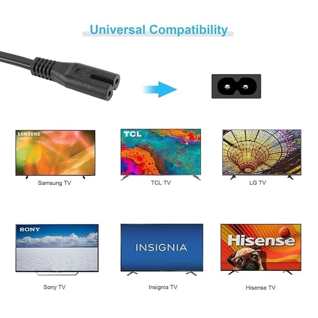 Alt view image 3 of 4 - for Samsung TV Power Cord Replacement 2 Prong TV Power Cord 10 FT for LG TCL Roku Sony Hisense Mac Insignia Sharp Panasonic Toshiba Apple AC Plug Power Cable (10FT)