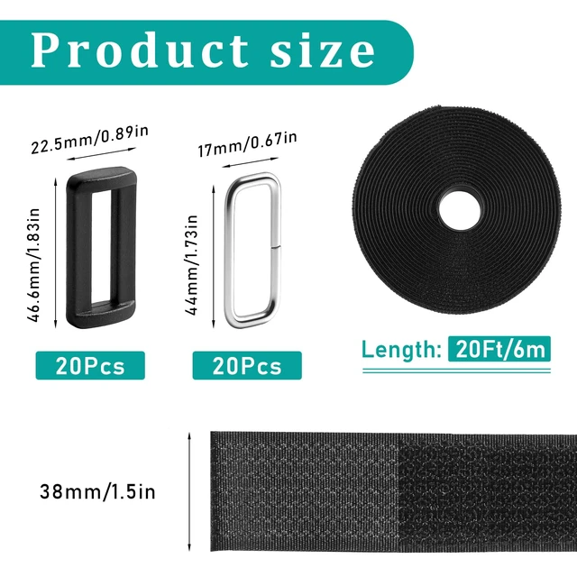 Alt view image 2 of 7 - 20ft x 1.5 Inch Hook And Loop Straps Black,Adjustable Reusable Fastening Cable Straps With 40 Metal And Plastic Buckles