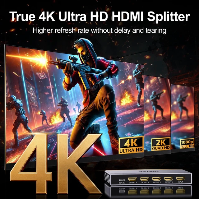 Alt view image 2 of 7 - 4K HDMI Splitter 1 in 4 Out with Power Adapter Mirror Display External HDMI Switch 1 Computer Share 4 Monitors for PS5 Xbox Fire Stick TV Box Gaming Consoles,HDCP1.3 Aluminum(Not Extend)