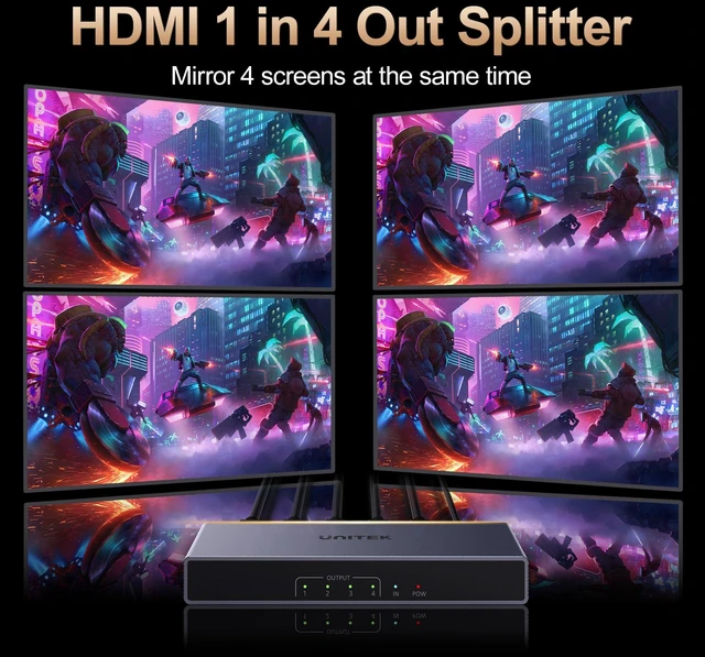 Alt view image 3 of 7 - 4K HDMI Splitter 1 in 4 Out with Power Adapter Mirror Display External HDMI Switch 1 Computer Share 4 Monitors for PS5 Xbox Fire Stick TV Box Gaming Consoles,HDCP1.3 Aluminum(Not Extend)